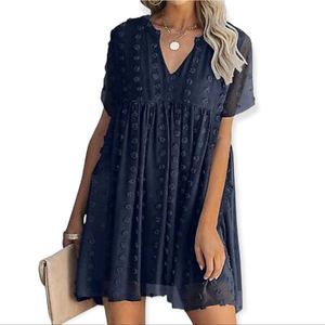 NWT MIHOLL Women's V Neck Short Sleeve Ruffle Loose Flowy Mini Dress w/ Pockets